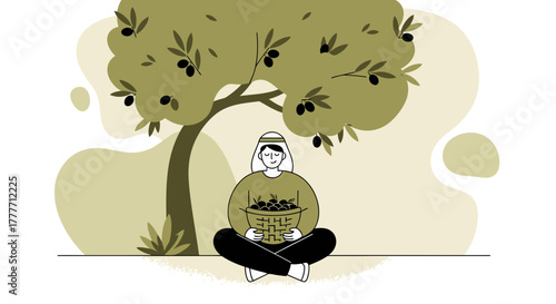 Illustration Of Person Harvesting Olives And Olive Tree Under Soft Light Vector