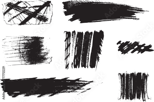 Brush set. Vector black paint brush spots, highlighter lines or felt-tip pen marker. Ink smudge abstract shape stains and smear set with texture