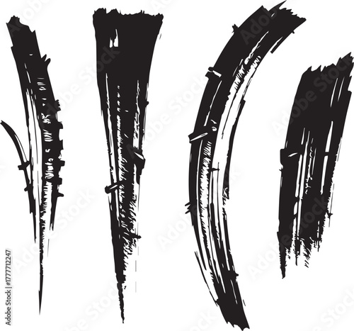 Brush set. Vector black paint brush spots, highlighter lines or felt-tip pen marker. Ink smudge abstract shape stains and smear set with texture