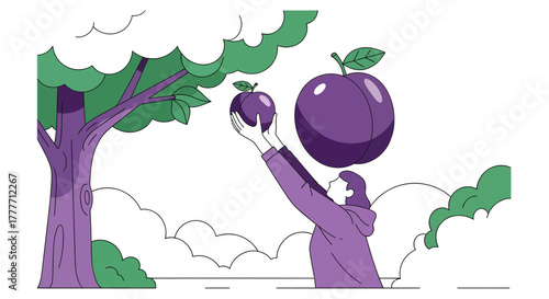 Illustration Of Person Reaching For Purple Plum Fruit On A Tree In Minimalist Style