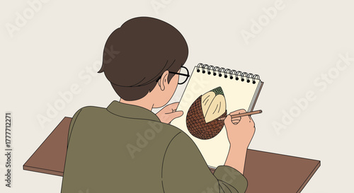 Illustration Of Person Sketching Fruit On A Notepad With Natural Elements And Colors