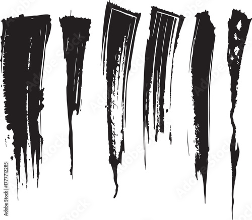 Brush set. Vector black paint brush spots, highlighter lines or felt-tip pen marker. Ink smudge abstract shape stains and smear set with texture