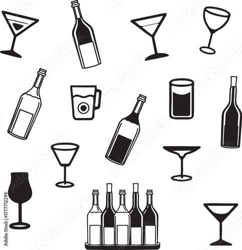 set of glasses and bottle