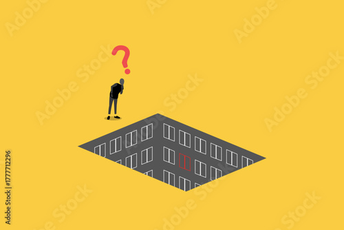 Businessman on top looking down hole. Business crisis, depression or burnout syndrome vector concept. Symbol of stress, recession