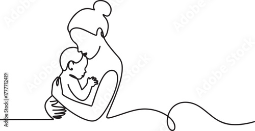 Continuous Line Drawing of Mother and Child. Minimalist Family Portrait