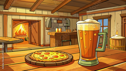 Very beautiful amber beer poured into a tall glass beside a toasted pizza on a wooden table in a rustic kitchen, evoking warmth and comfort.