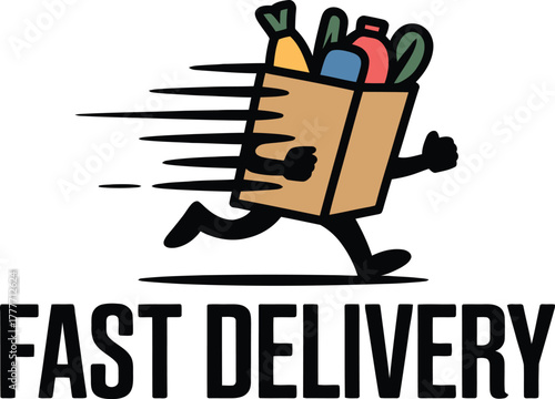 Fast grocery delivery service with a running cartoon box mascot