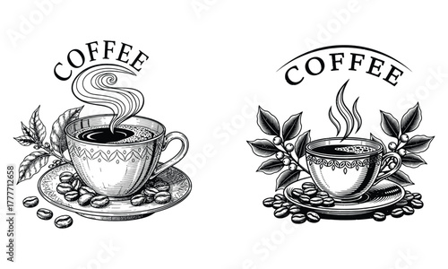 Vintage engraved coffee cups with beans and leaves