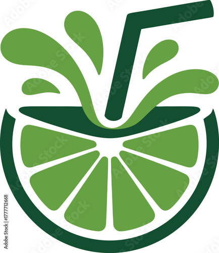 Fresh lime juice splash with straw in vibrant green icon design