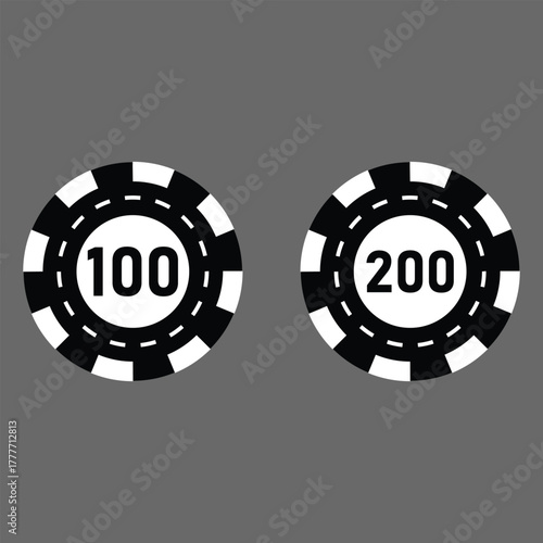 Poker chips icons vector set. Casino poker chip symbol. Gamble graphic elements collection. Gambling coins, tokens with card signs, poker chips.