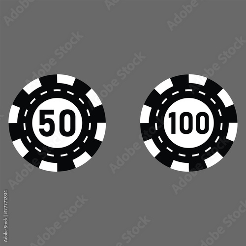 Poker chips icons vector set. Casino poker chip symbol. Gamble graphic elements collection. Gambling coins, tokens with card signs, poker chips.