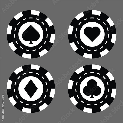Poker chips icons vector set. Casino poker chip symbol. Gamble graphic elements collection. Gambling coins, tokens with card signs, poker chips.