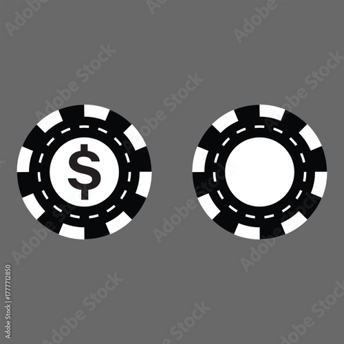 Poker chips icons vector set. Casino poker chip symbol. Gamble graphic elements collection. Gambling coins, tokens with card signs, poker chips.