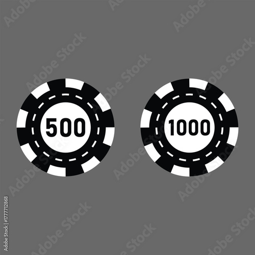 Poker chips icons vector set. Casino poker chip symbol. Gamble graphic elements collection. Gambling coins, tokens with card signs, poker chips.