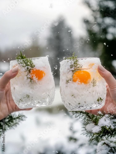 Two elegant winter cocktails in ice glasses with herbs and orange garnish in snowy forest