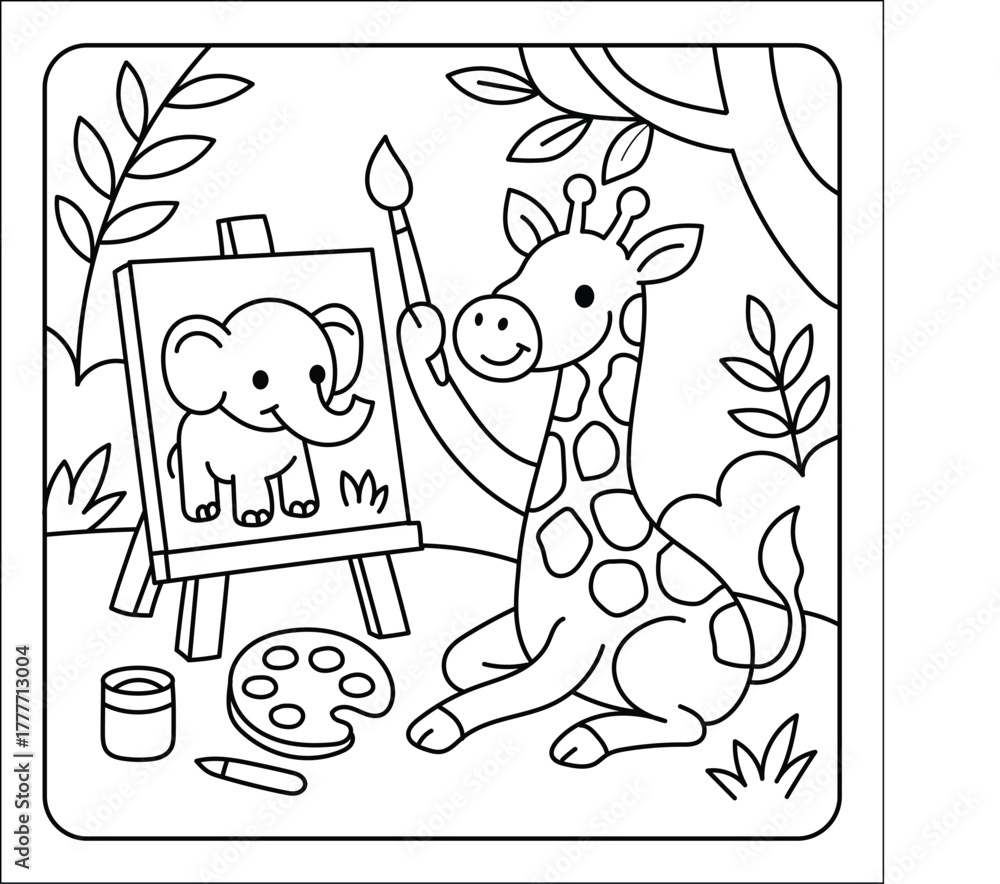 Fototapeta premium Cute Giraffe Painting an Elephant on Canvas – Cartoon Coloring Page Illustration