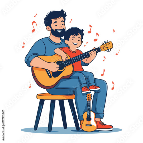 Happy father and son sitting together on a stool playing an acoustic guitar with musical notes floating around them