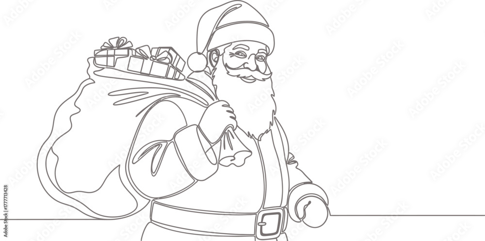 Obraz premium Santa claus carrying a sack full of gifts in a single line drawing style art