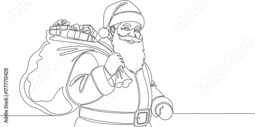 Santa claus carrying a sack full of gifts in a single line drawing style art