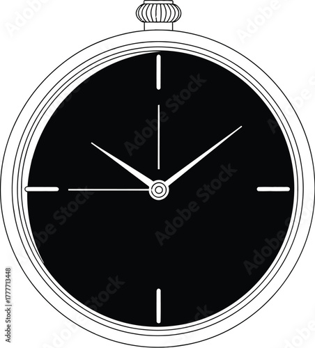 Silver pocket watch with a black face showing the time on a white background