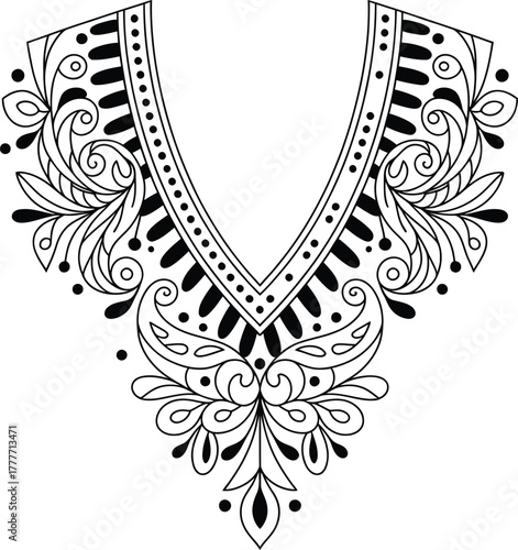 Stylish black and white floral paisley ornamental neckline design