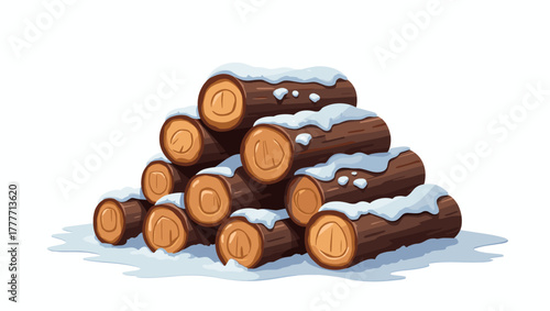 Small stack of firewood logs under fresh snow on white background, woodpile with snowcap design concept
