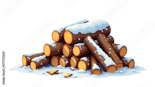 Stacked firewood logs covered with snow in winter forest setting, woodpile with snowcap concept