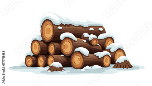 Pile of cut timber logs partially covered with snow on white background, woodpile with snowcap winter concept