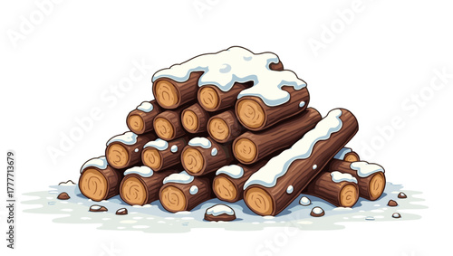 Neatly arranged logs with snow resting on top under soft daylight, woodpile with snowcap winter illustration