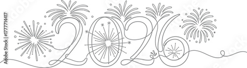 Elegant line art illustration of 2026 with fireworks for new year celebration