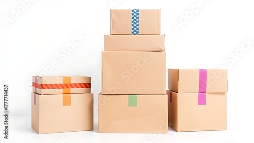 Stacked cardboard shipping boxes with colorful tape on a clean white backdrop.