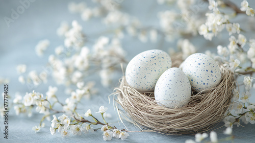 Soft pastel blue background with bird nest holding three speckled eggs surrounded by delicate white spring blossoms creating calm and gentle atmosphere