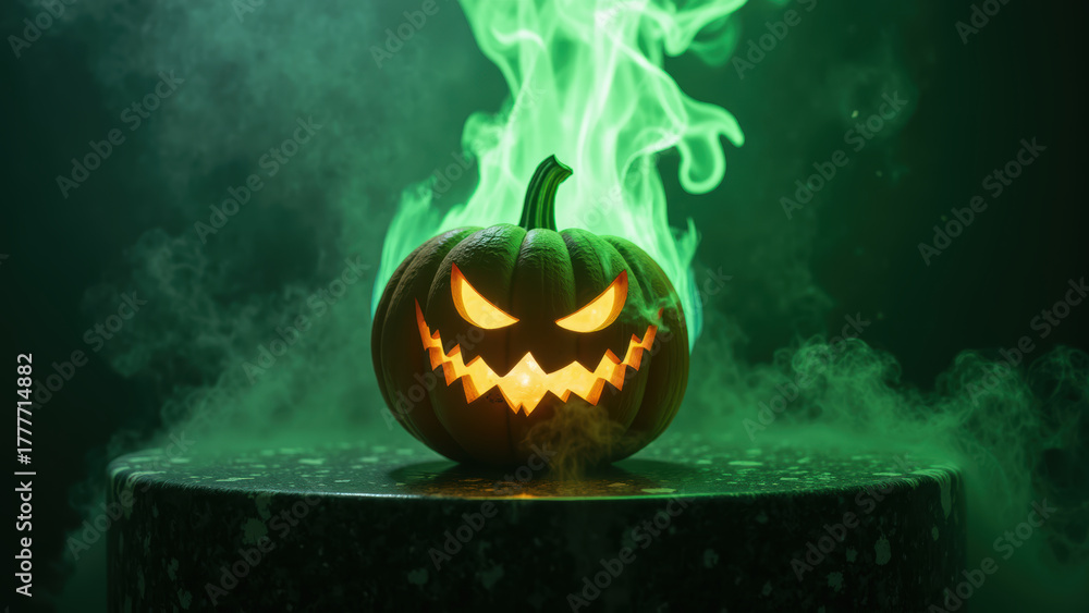 Naklejka premium Glowing pumpkin with sinister grin emits green smoke, creating spooky Halloween atmosphere