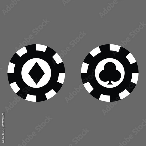 Poker chips icons vector set. Casino poker chip symbol. Gamble graphic elements collection. Gambling coins, tokens with card signs, poker chips.