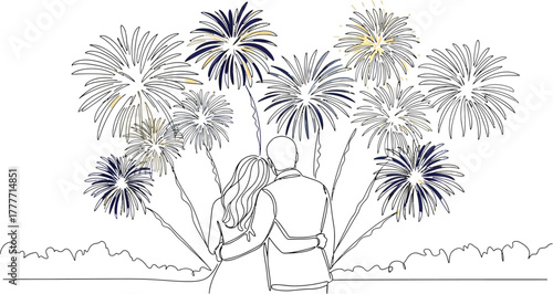 Couple watching fireworks together in a line art illustration on white background