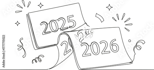 Continuous line drawing of calendar pages turning from 2025 to the year 2026