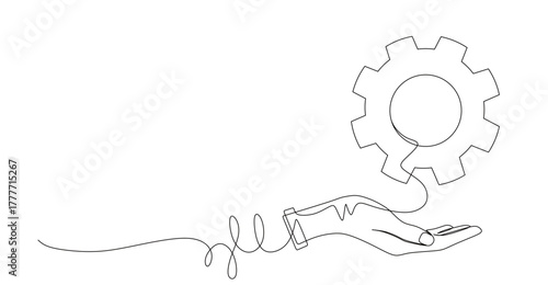 Continuous line art of a hand and a gear icon. The concept of continuity in work to keep the company stable.