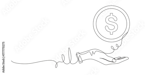 Continuous line art of a hand and dollar coin icon. salary receipt concept. investment concept.