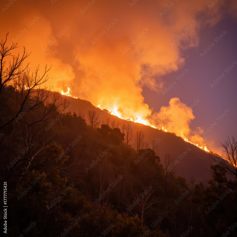 Fototapeta premium Dramatic wildfire engulfs hillside, with flames and smoke illuminating night sky. scene captures intensity and destruction of nature fury