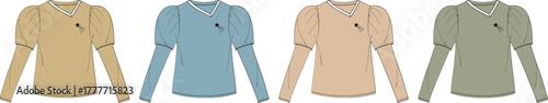 Collection of V-neck puff-sleeve tops in various pastel shades displayed side by side