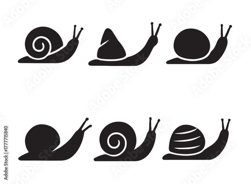 Set of six diverse snail silhouette icons showing various shells