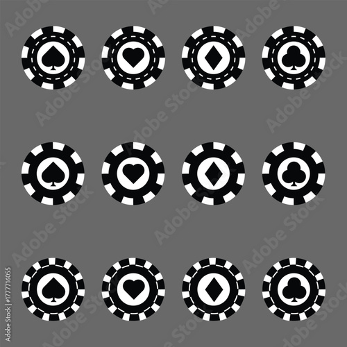 Poker chips icons vector set. Casino poker chip symbol. Gamble graphic elements collection. Gambling coins, tokens with card signs, poker chips.