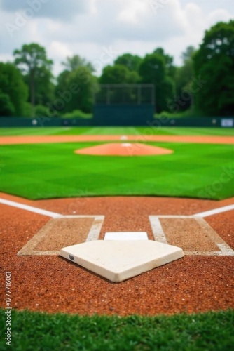 Baseball Home Plate with Dirt and Grass A low angle, slightly tilted shot focusing on a stark white, rubber home plate on a baseball diamond. The surrounding infield dirt is smooth and dark,
