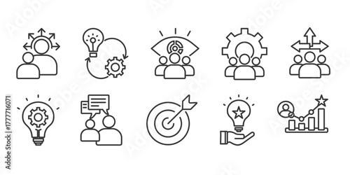 Leadership icon set collection in outline style. Icon pack contains guidance, solution, vision, teamwork, direction, strategy, communication,goal, influence,motivation 