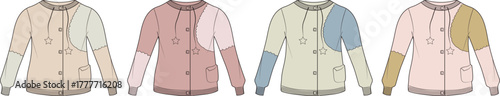 Four variations of a child's color-block jacket in muted tones. Flat technical sketch illustration for kids' fashion apparel design and clothing manufacturing concept