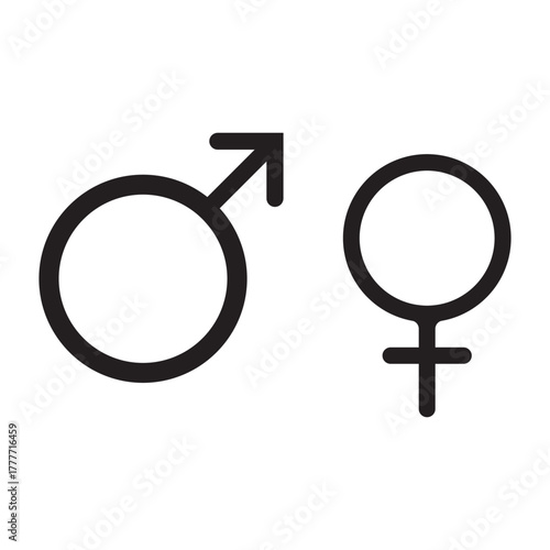 Male and Female gender symbols vector illustration. Mars and Venus icons representing man and woman. Sex, relationship, and equality concept. Black silhouette design element.