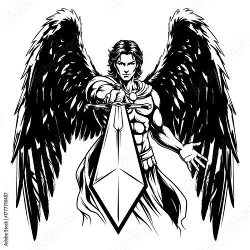 Powerful angel warrior with large black wings holding a broadsword in a black and white comic style