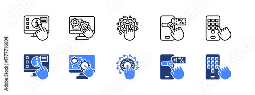 Self service, Automation, Digitalization, Online reservation, Mobile apps with two styles, line and duotone icon.