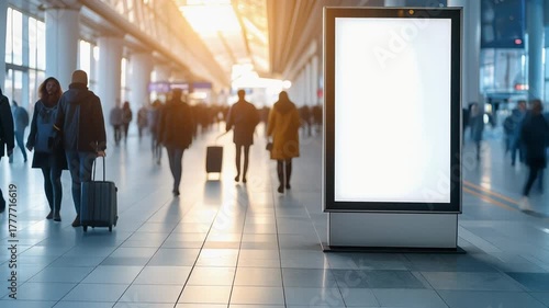 デジタルサイネージ広告スクリーンが印象的なビジネスシーンの近未来的トランジット空間