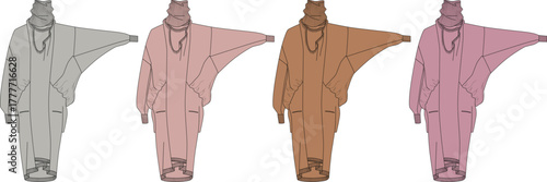 A collection of minimalist vector illustrations featuring a figure in a modern, oversized hooded sweatshirt, presented in four distinct colorways for apparel design concepts